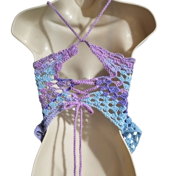 Hand Crafted crop top crochet halter granny square purple festival Rave small - Picture 4 of 17